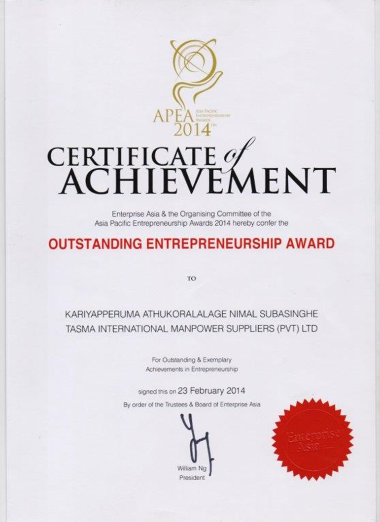 Awarded Outstanding Entrepreneurship Award by Asia Pacific Entrepreneurship Award